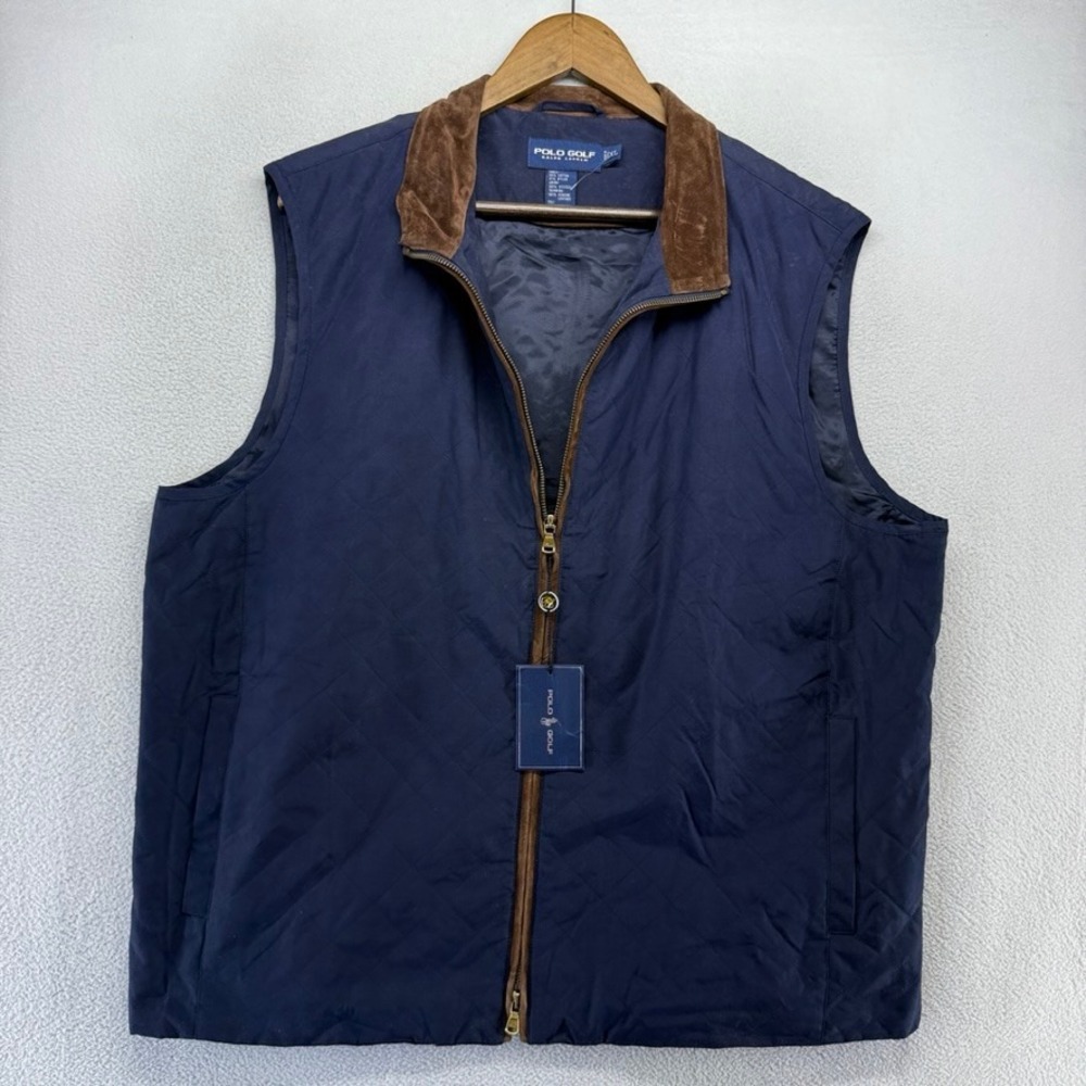 Vintage Ralph Lauren Vest men's XL Blue Leather Trim Polo Golf Deadstock Lounge